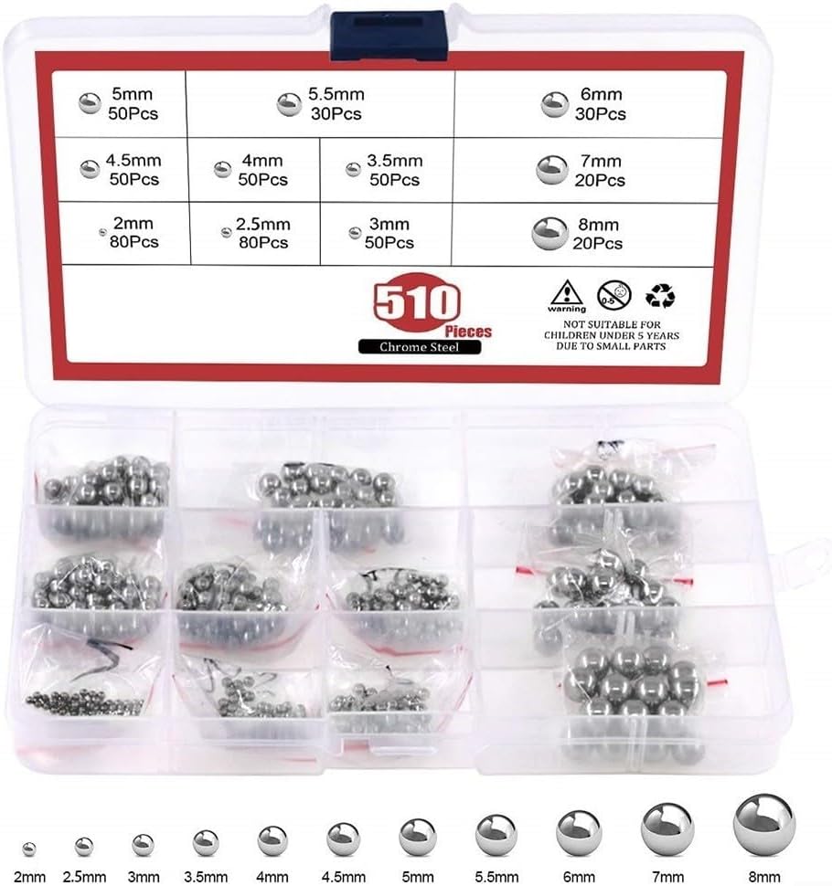 510 Pcs 304 Steel Ball Assortment Kit 2mm-8mm Metric Bearing Balls DIY Repair Electronics Machinery Hardware Tools Silver Finish