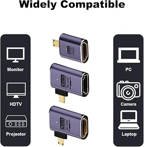 Miniatura 5 de AreMe Adaptador Micro HDMI a HDMI de 8K (paquete de 3), 90 grados de ángulo izquierdo y recto Micro HDMI macho a HDMI hembra Cable para Sony A6000,