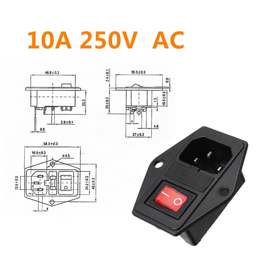 Aexit 4pcs IEC320 C14 Maschio Alimentazione Cavo di alimentazione Presa a muro Portafusibile 250 V 16A ID: 566713