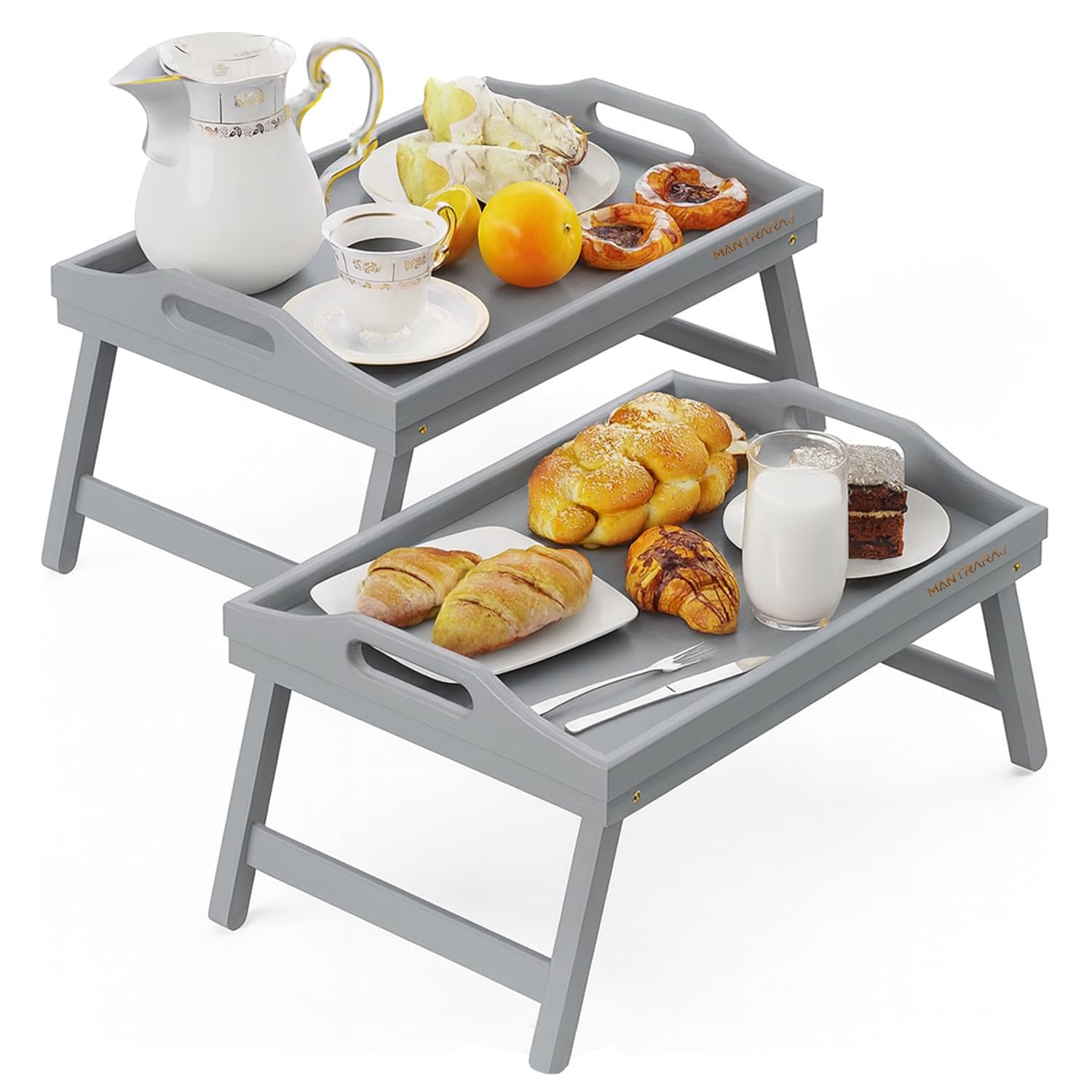 Mantraraj Bamboo Bed Tray Table Pack Of 2 With Foldable Legs And Handles Breakfast Tray for Sofa, Bed, Eating, Platters, Working, Serving, Drawing, Laptop Stand, Wooden Snack Tray (Grey)