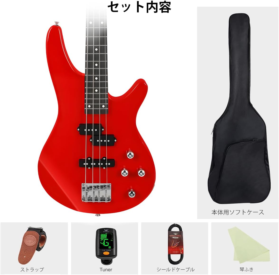 Electric Bass Guitar 4 Strings Full-Size Standard Bass PB-Style Beginner Kit Black for Starter with Gig Bag Guitar Strap and Guitar Cable(PJ-Red)