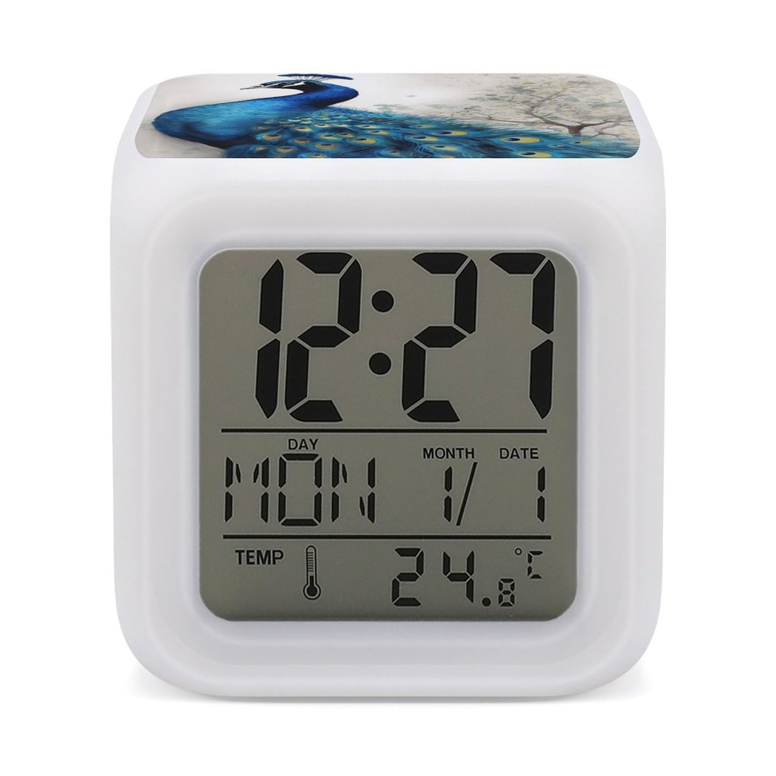 VstaDank Blue Peacock Digital Alarm Clock LED Display Screen Color Change Alarms Clock Smart Alarm Clock Wake Up Digital Clocks with 7 Color Nightlight for Bedroom