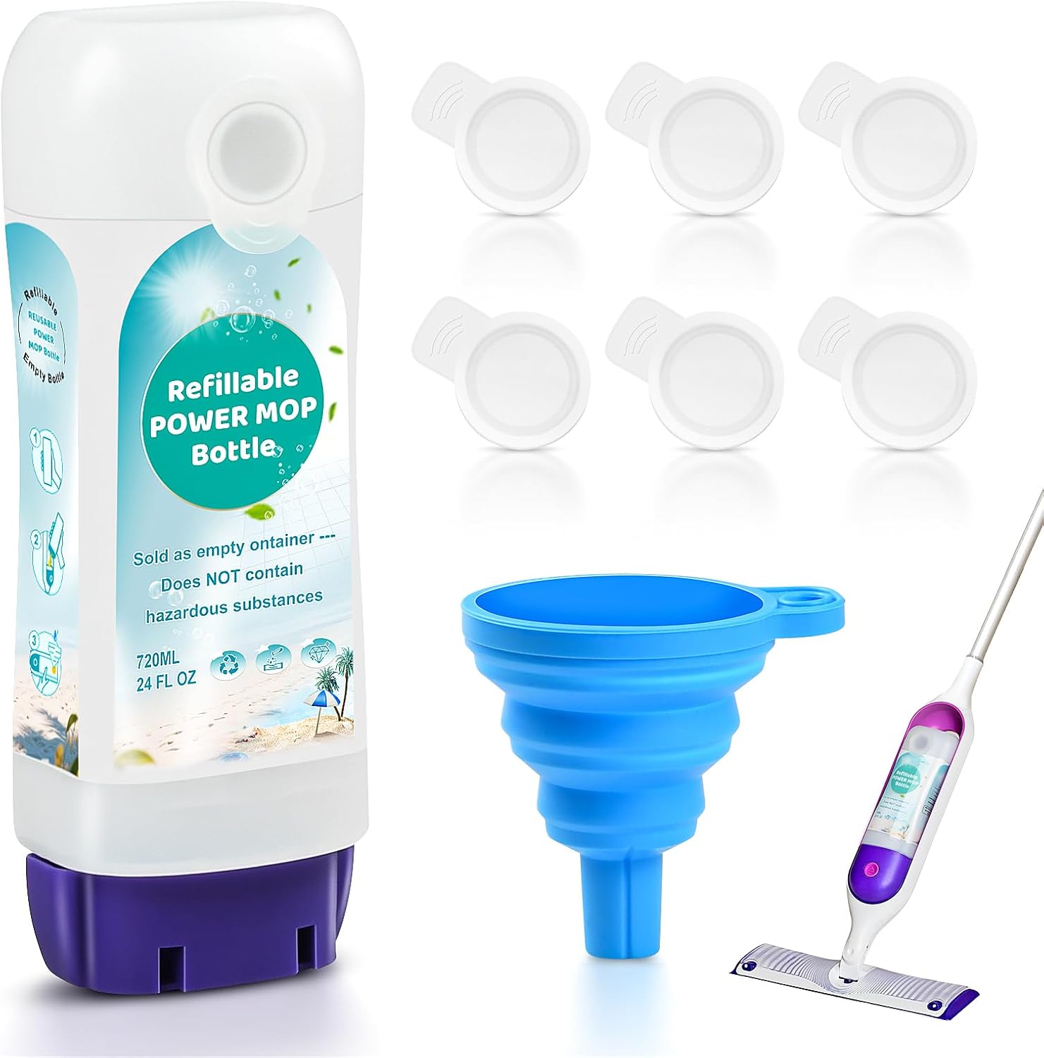Refillable Bottle for Swiffer® Power Mop™ - 24 FL.OZ Reusable HDPE Container with 6 Leak-Proof Seal & 1 Funnel, Easy Install for Use with Any Cleaning Solution