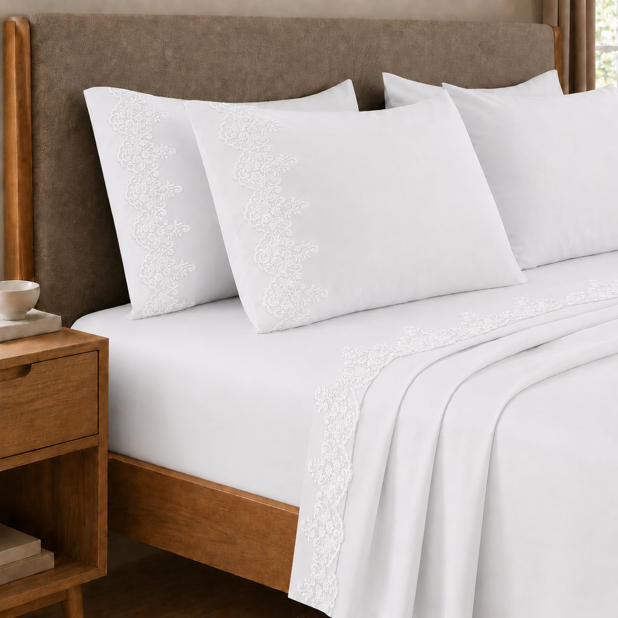 PETTI Artigiani Italiani - Percale Double Flat Sheet with Lace Percale Double Bed Sheet Set White Lace 100% Made in Italy