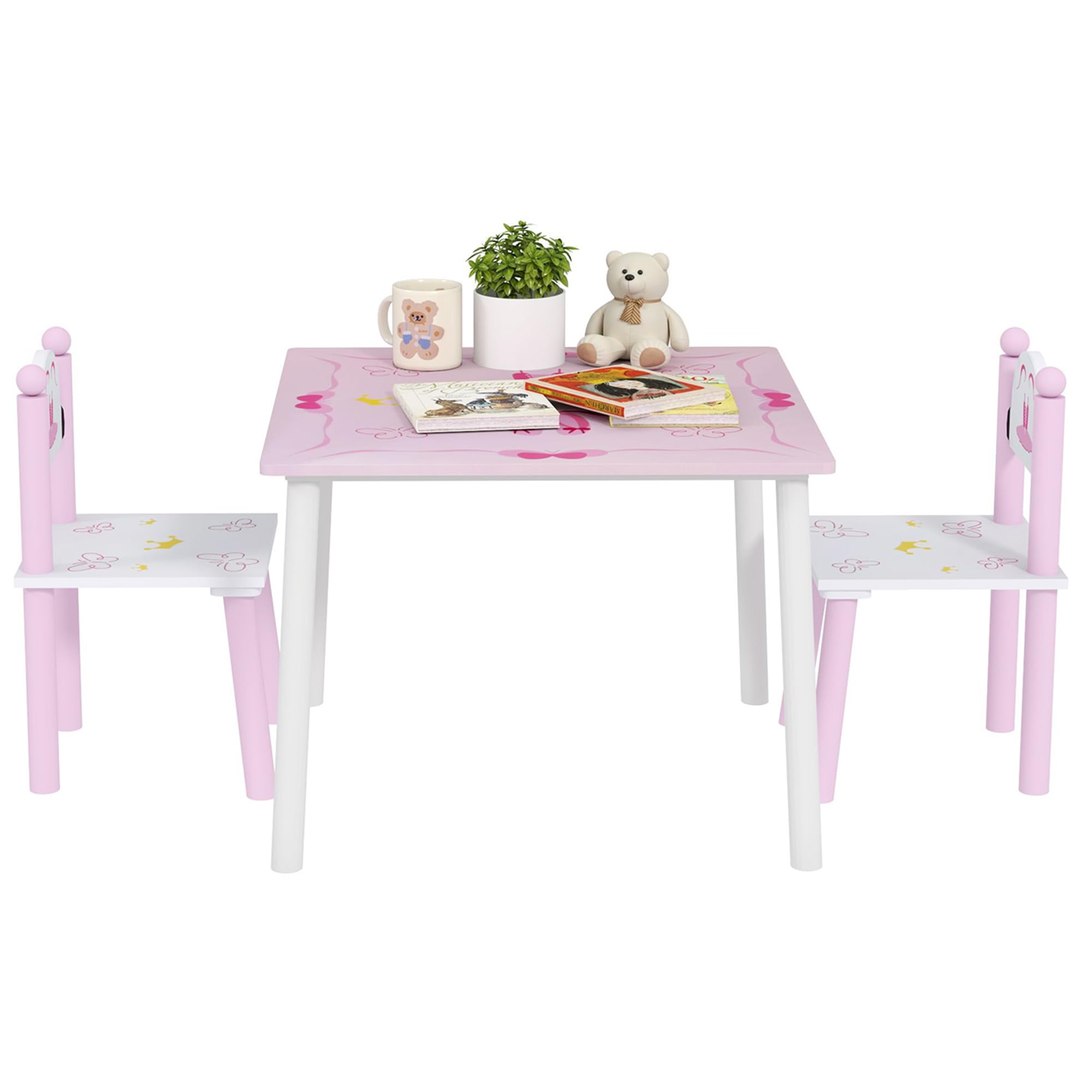 AIYAPLAY Tavolo e sedie per bambini 3 pezzi stile principessa Rosa e bianco