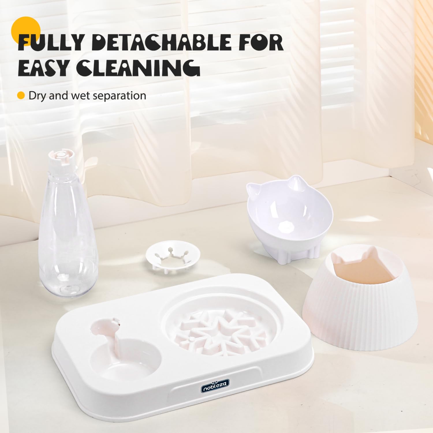 Nobleza Ciotole per Gatti Rialzate, Set 2 in 1 con Dispensatore Automatico Acqua e Feeder Lento, Inclinazione 15°, Bianco