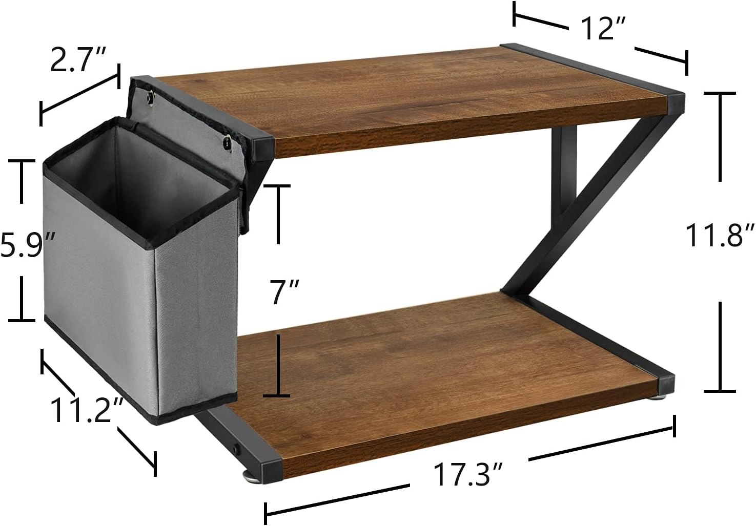 Desktop Printer Stand with Storage Bag, 2 Tier Desktop Printer Shelf, Rustic Wood Printer Table with Adjustable Anti-Skid Pads, Home Desktop Printer Stands, Under Desk Printer Shelf for Fax Machine