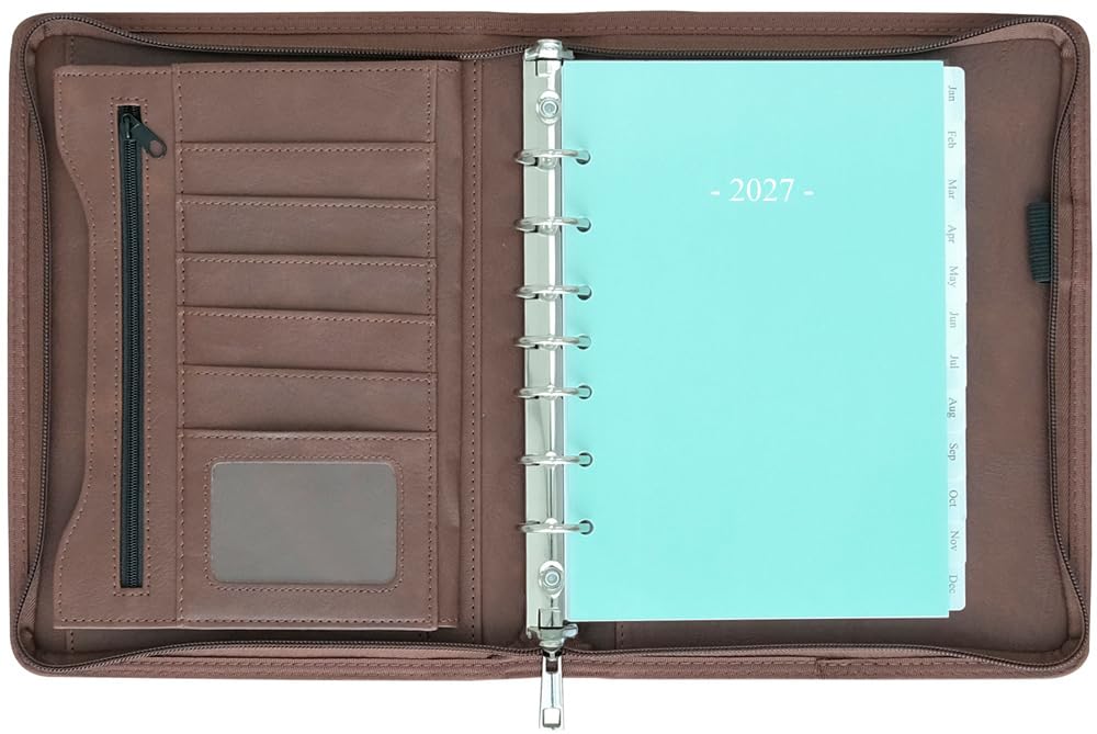 Fan&Ran 2026 Terminplaner mit Reißverschluss, 7-Ring-Mini-Binder mit Wocheneinlagen (Jan – Dezember 2026), Schreibtischgröße, Vintagebraun