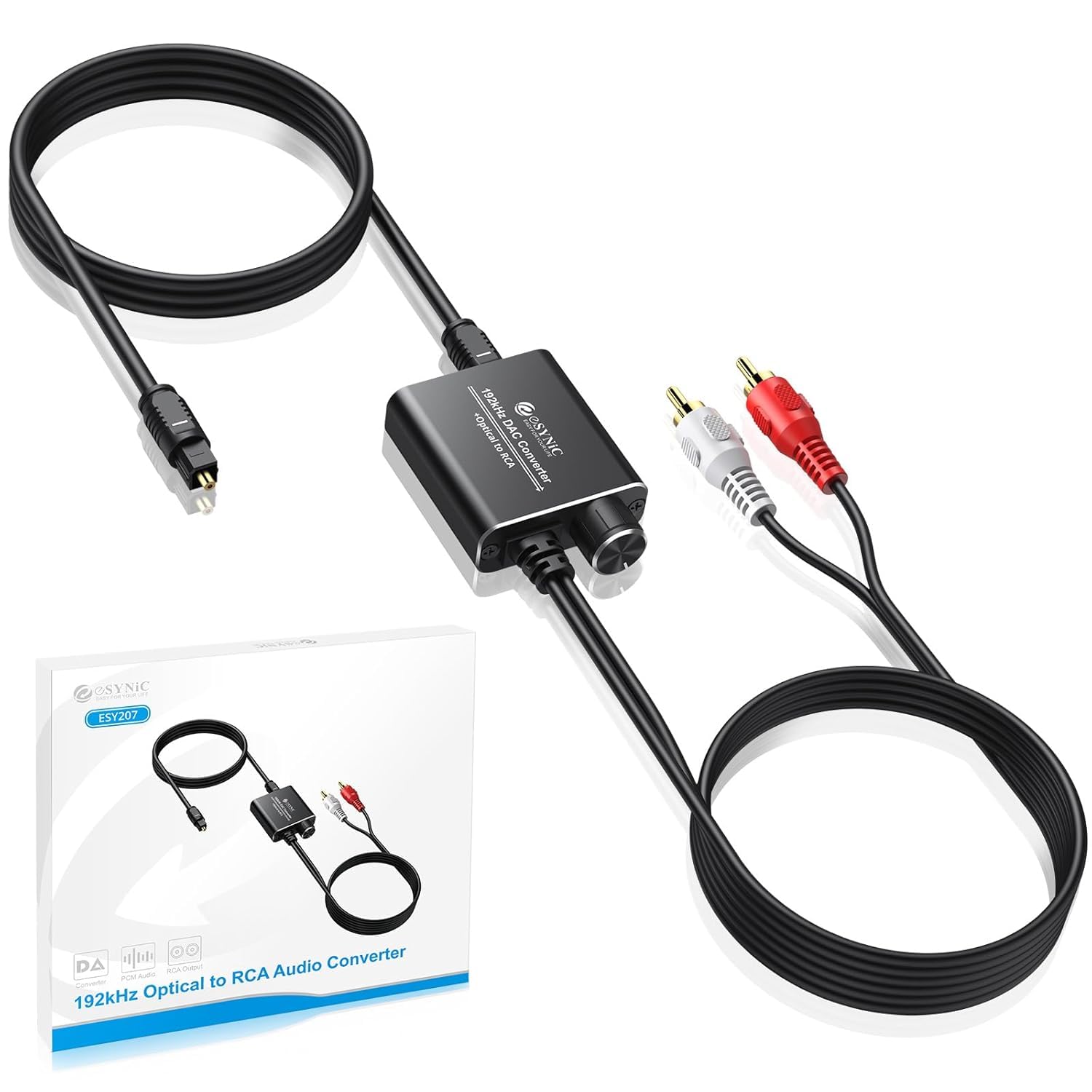 eSynicPortable Optical to RCA Converter with Volume Control 192KHZ Digital to Analog Audio Converter 7ft/2.1m Optical to Analog Audio DAC Converter Support PCM Audio Output for HDTV Blue-ray PS4 etc