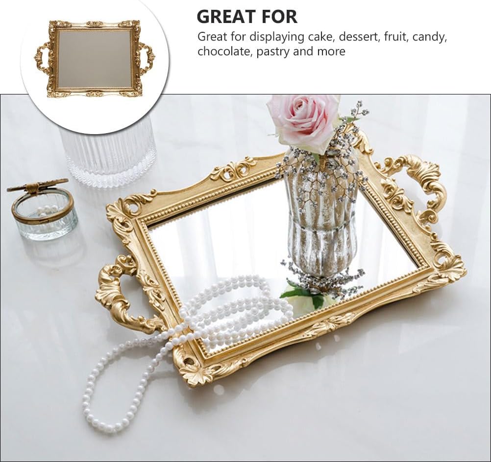 Cabilock Gold Mirror Tray 14.76X9.44 Inches Vintage Vanity Decorative Serving Tray for Jewelry Wedding Dessert Table Home Decor Accent