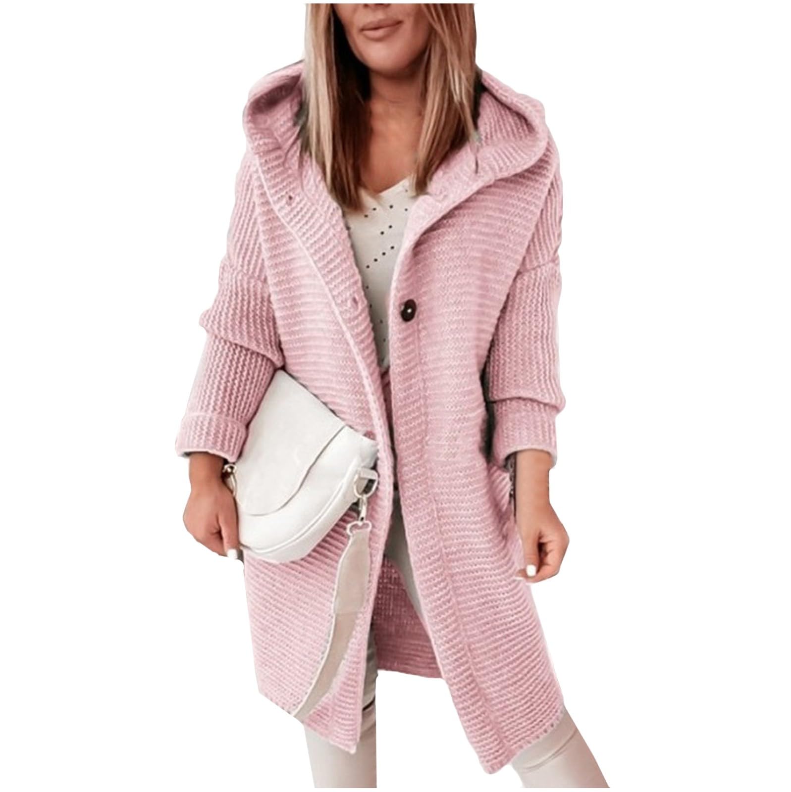 Strickjacke Damen Lang Mit Kapuze Pullover & Strickjacken Für Damen Winter Warme Strickmantel Damen Dicke Strickjacke Grobstrick Winterjacke Strick Cardigan Frauen Elegant Sweater Mit Knöpfen