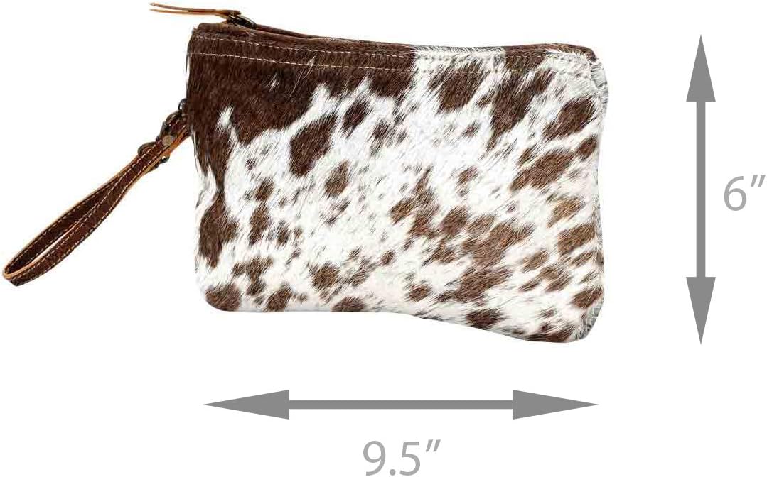 Myra White and Brown Hairon Small Bag - 9.5x6" Western Travel Makeup Bag, Organizer with Canvas and Leather Wrist Strap, Small Travel Toiletry Bag for Women, Compact Cosmetics Case, Skincare Pouch - Image 5