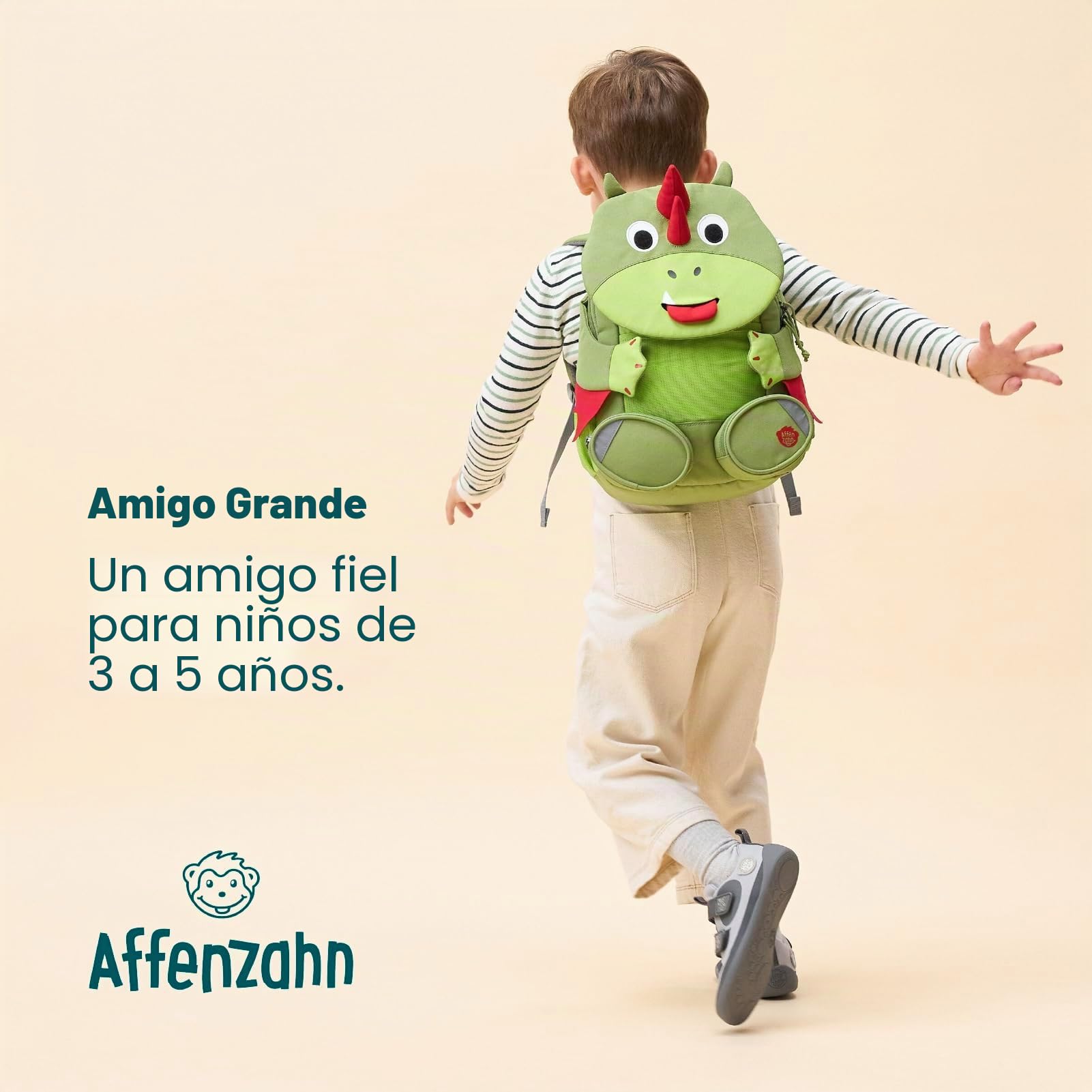 Affenzahn Amigo grande mochila infantil sostenible 3-5 años guardería 8L funcional y divertida Dragón - Verde