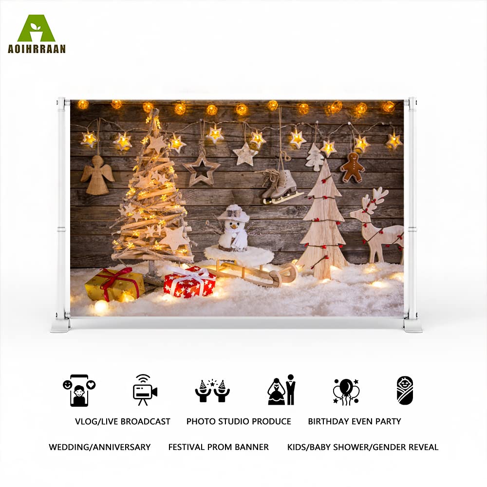 Aoihrraan 3x2m Natale Legno Casa Fotografia Sfondo Natale alberi pupazzo di neve inverno all'aperto neve vista Sfondo Capodanno Festival Famiglia Festa Banner Forniture Bambini Ritratto Foto Prop