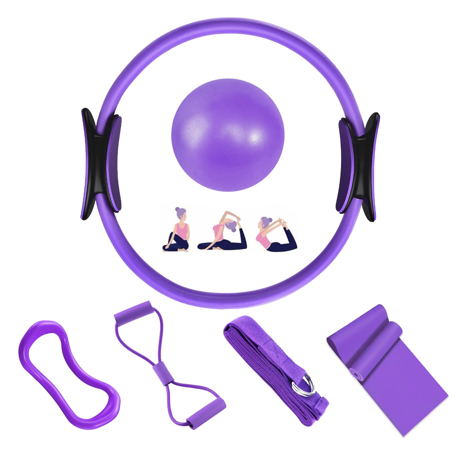 Pilates Ring Set - 6 Pièces, Anneau de Pilates, Ballon de Yoga, Bandes de Résistance, Kit Pilates pour Maison, Kits de Yoga et Pilates Accessoires, Cercle Magique de Fitness Femmes (Violet)