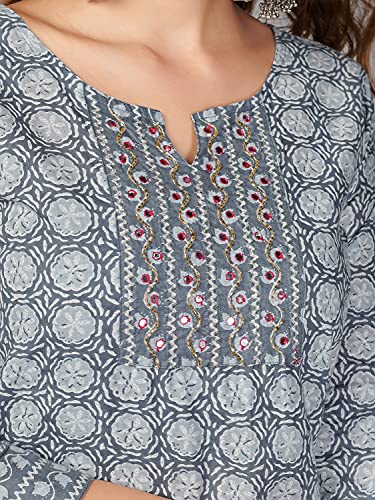 Image of Vbuyz Women's Printed & Embellished & Mirror Work Straight Cotton Stitched Kurta set | Straight Kurta Pant Dupatta | Kurta Set with Dupatta for Women | Suit Set | Ethnic Set | Printed Kurta Set