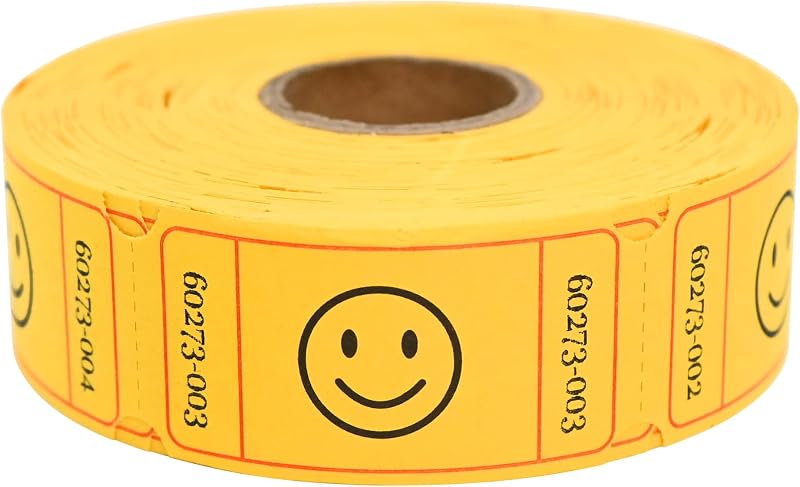 L LIKED 500 Raffle Tickets 1x2inch Smile Yellow Single Roll for Events | Smile Face Design, 6 Color Selection Available, Perforated with Consecutive Numbers