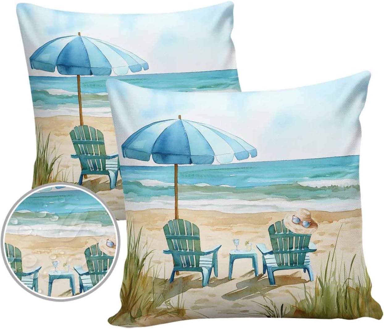 Outdoor Waterproof Pillow Covers Abstract Summer Sea Beach Chair Umbrella Decorative Throw Pillow Protectors, Coastal Ocean Pillowcase Cushion Cases for Patio Sofa Garden Couch,20x20IN,Pack of 2
