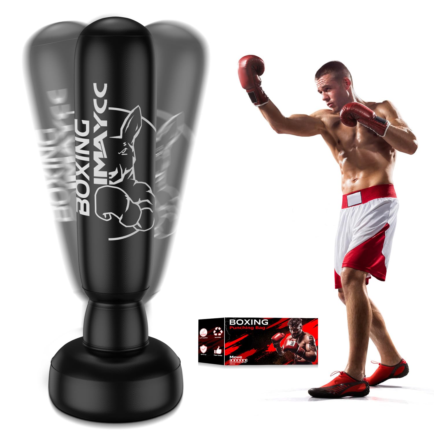 Sac de frappe debout pour adultes et adolescents, amélioré, 180 cm, en PVC, sac de frappe pour débutants (hommes et femmes), sac de punching pour sac de kickboxing pour Muay Thai, MMA, entraînement de