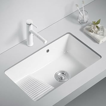 Rectangular Undemrount White Bathroom Ceramic Sink wiht Washboard Ceramic Laundry Lavatory Vanity Under Counter Bathrrom Sink with Overflow for laundry room, balcony, bathroom68*40*21cm/26.8*15.7*8.3