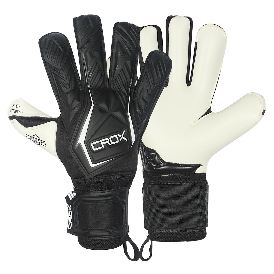 CROX Rival Pro Goalkeeper Gloves Hybrid Negative Cut Soccer Goalie Gloves with Removable Finger Spines, German Giga Grip Latex GK Goalkeeping Gloves (Rival Black n White, SIZE 7, Ambidextrous)
