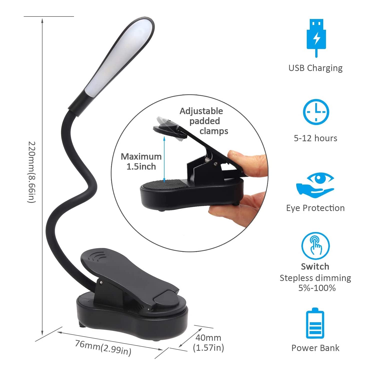 Lampada Da Lettura A Pinza Ricaricabile - 7 LED, 3 Temperature Colore, Regolabile, USB