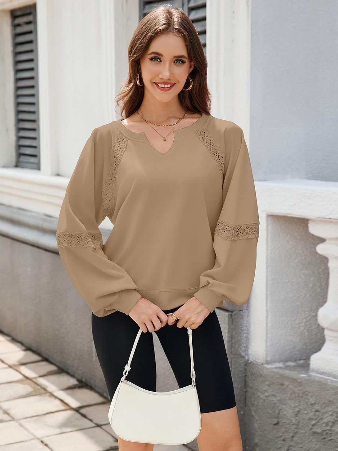 Womens Oversized Sweatshirts V Neck Lace Crochet Lantern Long Sleeve Pullover Cropped Tops Fall Outfits Clothes - Image 5