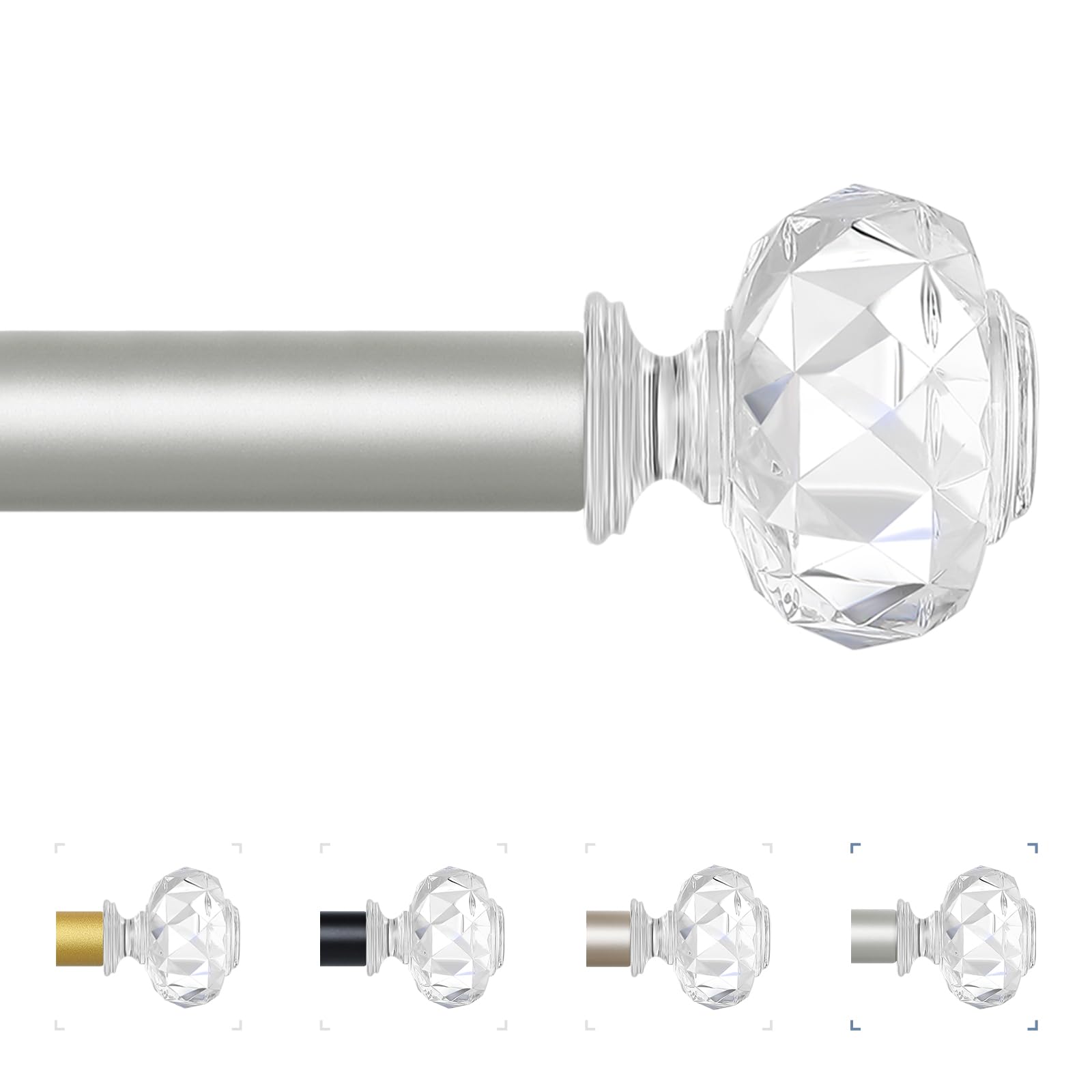 Silver Curtain Rods 66 to 120 Inch,1 Inch Curtain Rod,Heavy Duty Single Window Curtain Rods,Modern Drapery Rods for Windows,Acrylic Crystal Finial Adjustable Curtain Rod 36-120”,Antique Silver