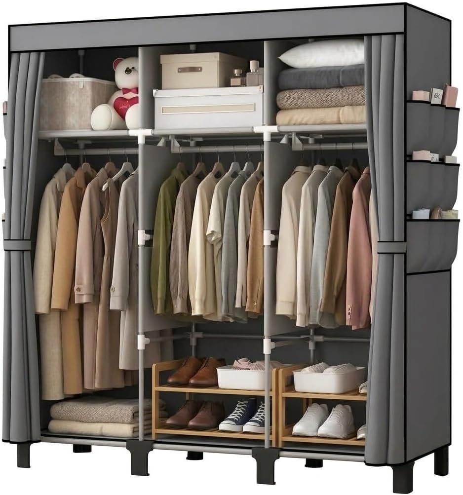 Portable Non-Woven Fabric Wardrobe, 3 Hanging Rods & Multi Tier Storage Shelves, 18 Side Pockets Clothes Closet Organizer, 130×45×172cm for Bedroom Dorm Living Room (Gray)