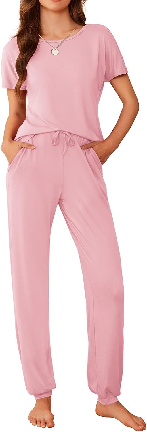 Ekouaer Womens Pajama Sets Short Sleeve Lounge Sets for Women Printed Jogger Pajama Set 2 Piece Pj Sets With Pockets S-XXL