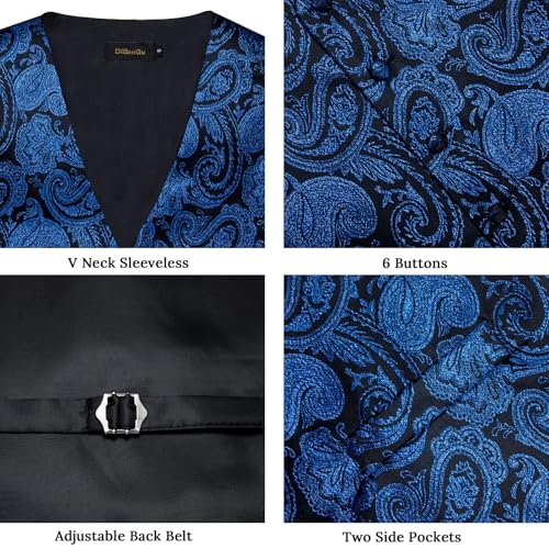 Image of DiBanGu Mens Vest and Tie Set Formal Paisley Waistcoat and Necktie Pocket Square Cufflinks Silk Suit Vest for Tuxedo Wedding