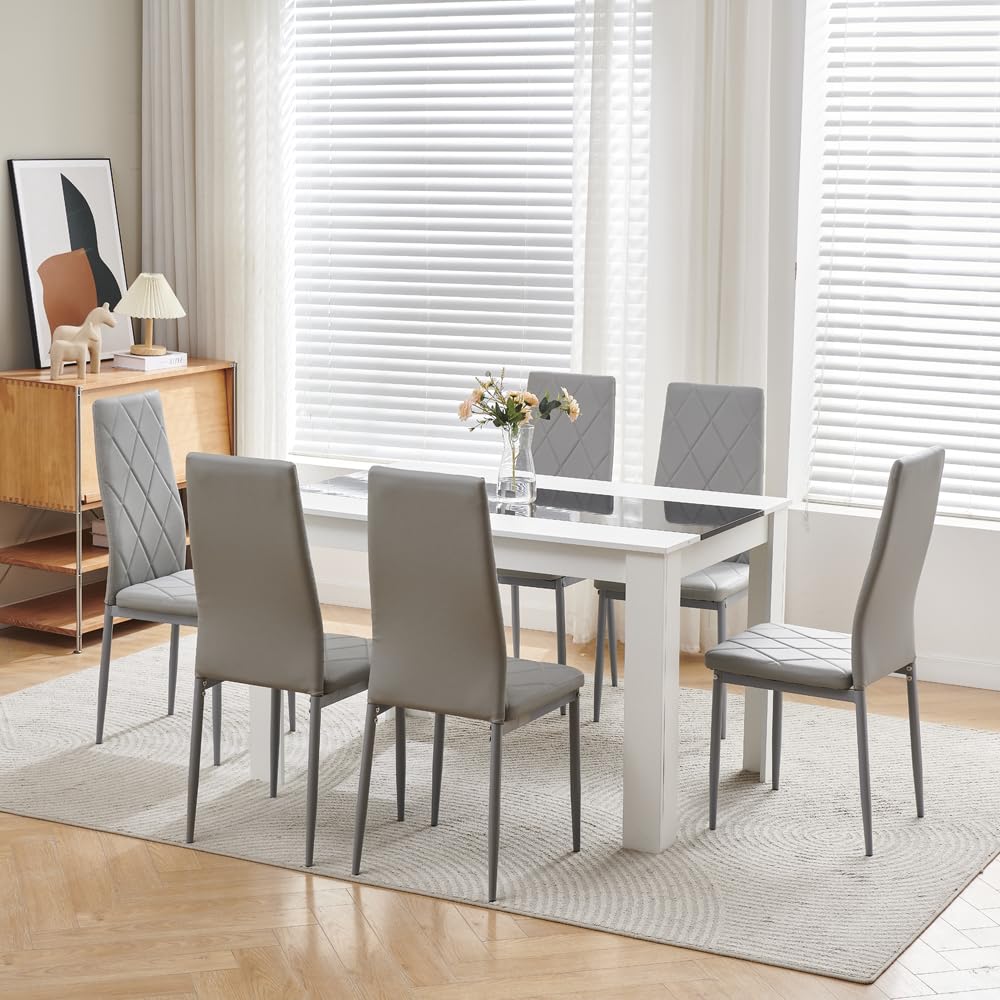 Menaka Wood Dining Table and Chairs Set of 4, Small Rectangular Kitchen Dinner Table with 4 Seaters (argyle grid grey leather chairs, 120m line table, 6 seaters) — image 1