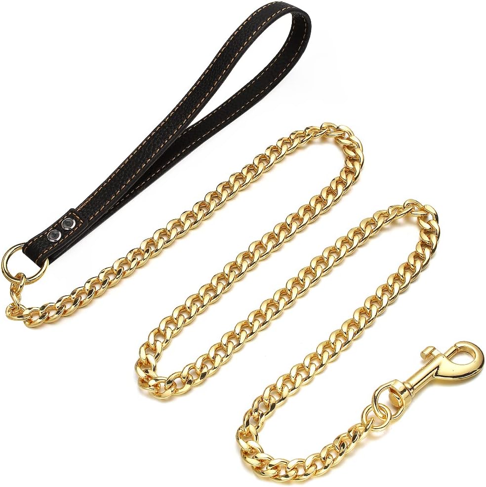 Gold Dog Leash 11MM Heavy Duty Metal Pet Leash 18K Gold Plated Stainless Steel Chain Leash with Padded Handle 3FT/4FT/5FT(11mm,4ft)