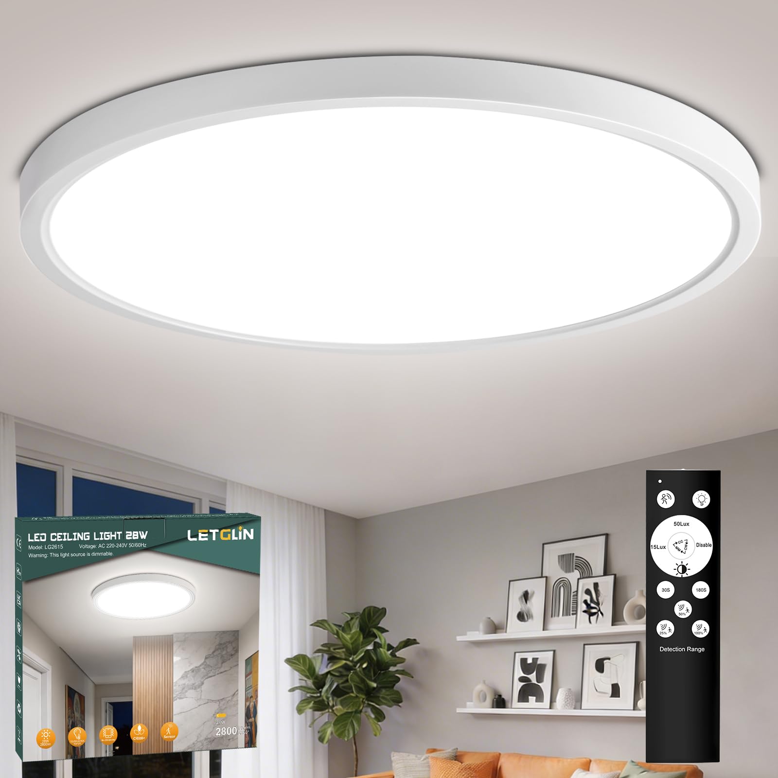 28W Lampada con Sensore di Movimento, 2800LM Plafoniera Dimmerabile con Telecomando, Luce led con Sensore Crepuscolare, IP54 3000K Lampada da Soffitto Luci per Scala Balcone Bagno, 30cm
