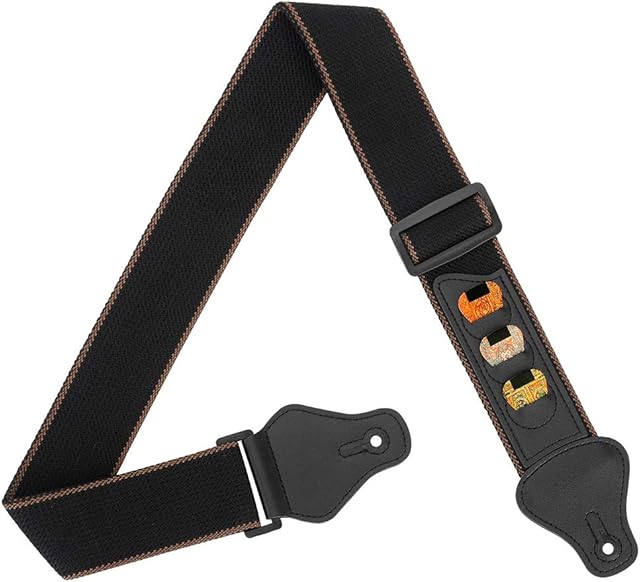 BestSounds Guitar Strap 100% Soft Cotton Guitar Shoulder Strap With 3 Pick Holders For Bass Electric & Acoustic Guitars (Black)