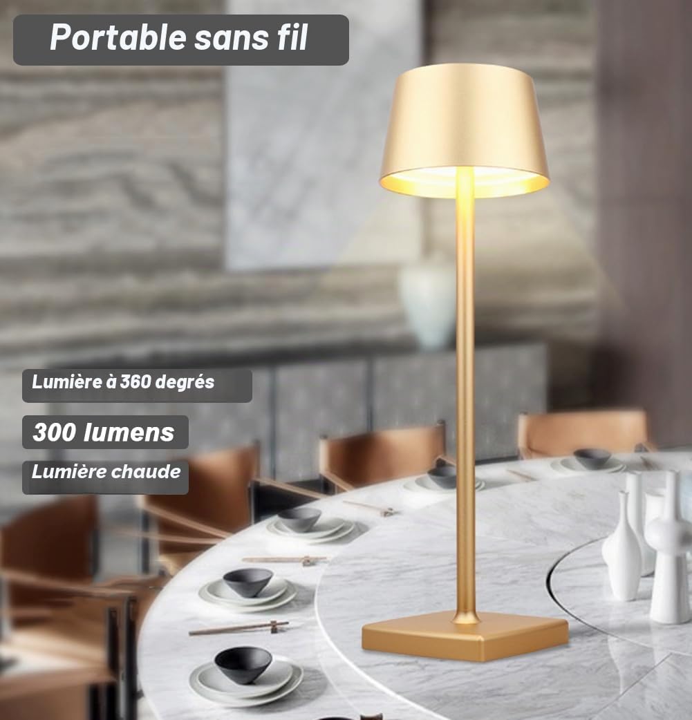 Lampe de Table Sans Fil, 6000mAh Batterie Rechargeable, IP54 Étanche, Alliage d'aluminium, Gradation Tactile, Lumière Chaude LED 4W, pour Intérieur Extérieur Restaurant Buffet Bar Café, Or