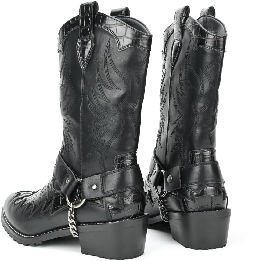Cowboy Boots for Men Western Men's Boots with Fashion Metal Chain