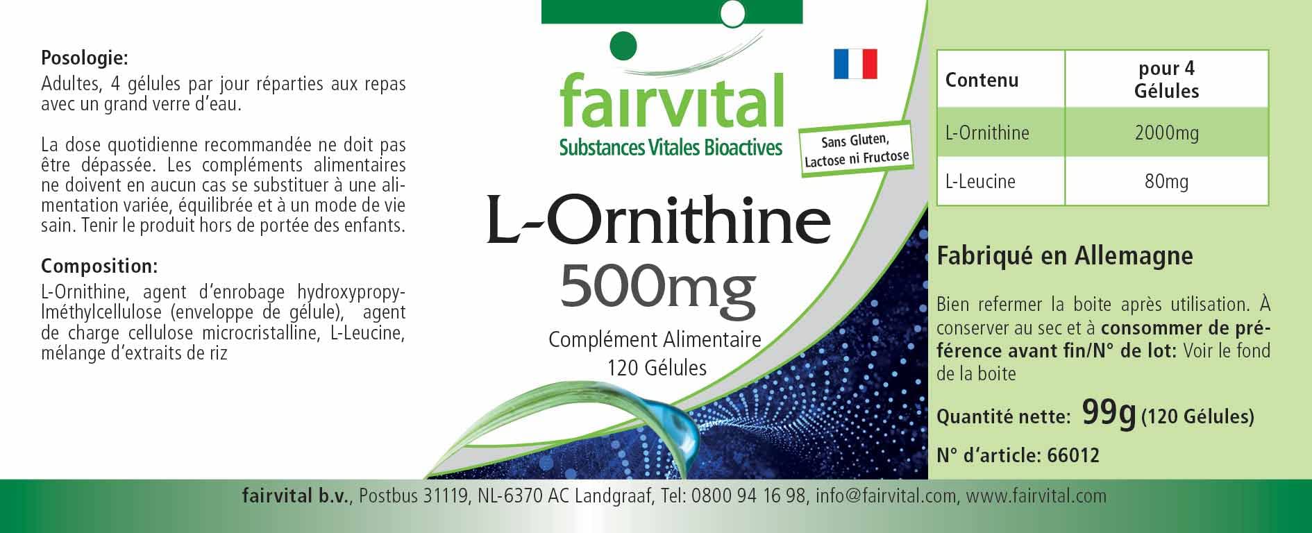 fairvital L-ornitina 500 mg, 120 capsule, ALTO DOSAGGIO, vegano