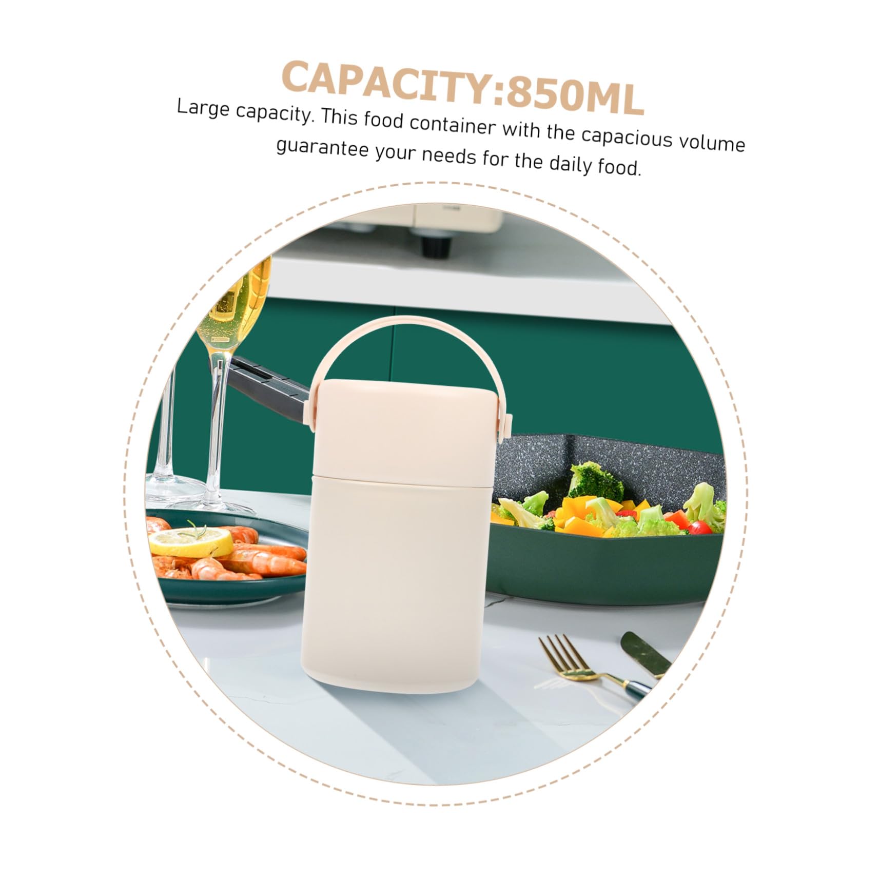 Tarro Aire Calor de al Actividades el Libre Mantiene Comida Térmico Acero Inoxidable 850ml Beige con Cuchara Asa, Fácil de Transportar