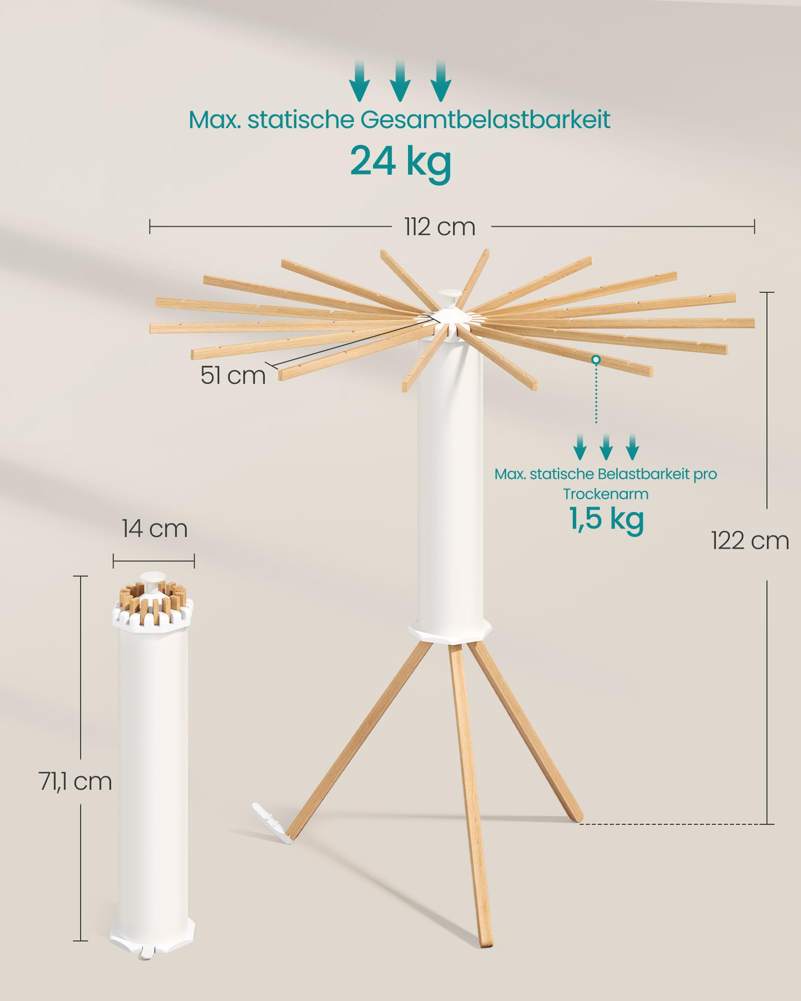 SONGMICS Wäscheständer klappbar, Wäschespinne tragbar, 16 Arme aus Holz, naturfarben LLR530YW01