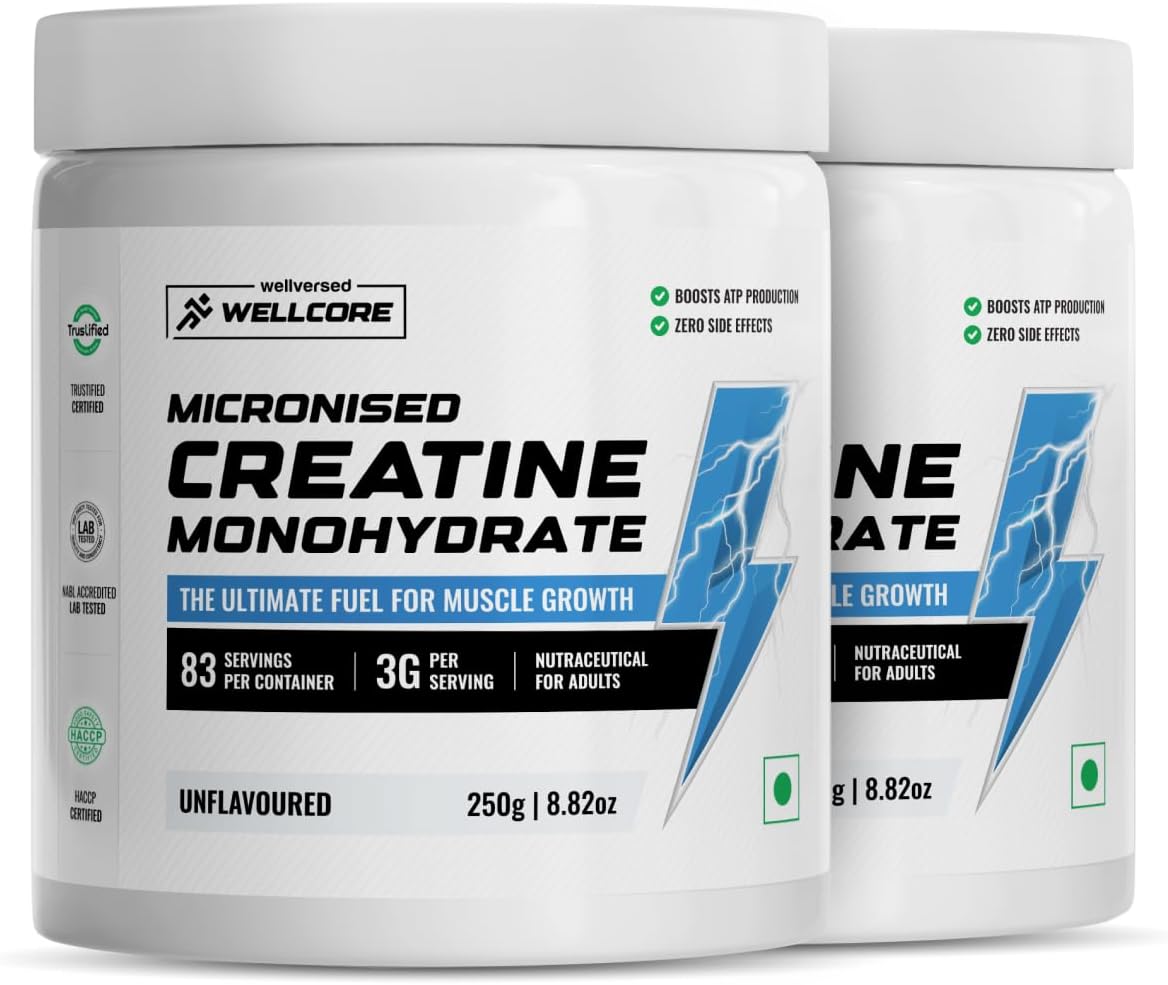 Wellcore Pure Micronised Creatine Powder (83 Servings, Unflavoured) For Enhanced Muscle Strength With Rapid Absorption | Creatine Monohydrate | Wellcore Creatine Flavoured - 250g (Pack Of 2)