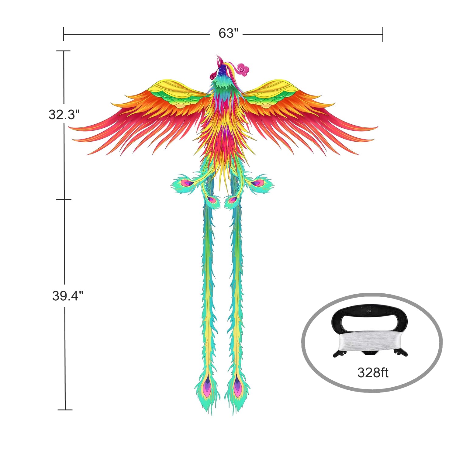 SNJOYFUL Large Phoenix Bird Kite for Kids and Adults, Beach Kites Easy to Fly for Beginner, with Long Colorful Tail, Come with Handle and 328ft Kite Line