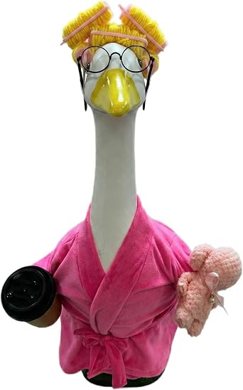Lady Porch Goose Bathrobe Outfit, Pink, 23-Inch | Includes Curlers, Reading Glasses, Coffee Cup, Towel