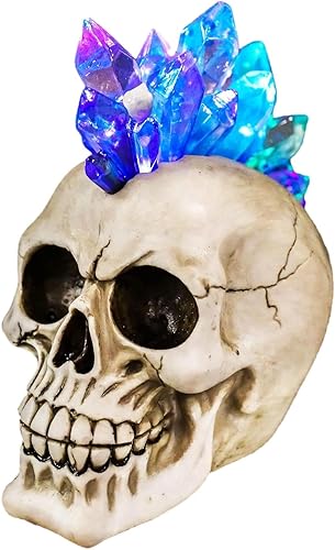 Ebros - Figura colorida de calavera de cráneo con luz LED Mohawk de cristal, como Osario de Halloween, decoración macabra, luz nocturna,