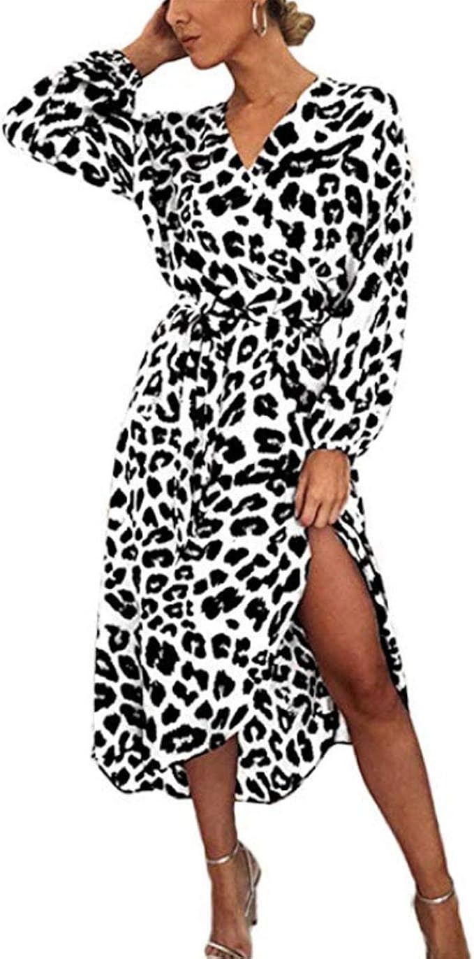 Amazon.com: Vestido largo con estampado de leopardo para mujer con  cinturón, Moderno / Equipada, XL, Blanco : Ropa, Zapatos y Joyería