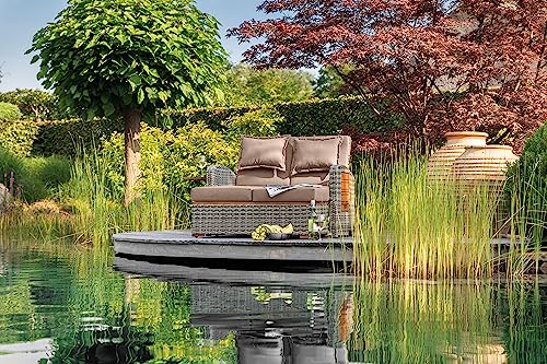 greemotion Rattan-Lounge Bahia Style 3-in-1 mit Teilen aus Teak, Gartensofa mit Bettfunktion, inkl. Hocker, grau/Taupe, ca.117 x 93 x 74 cm