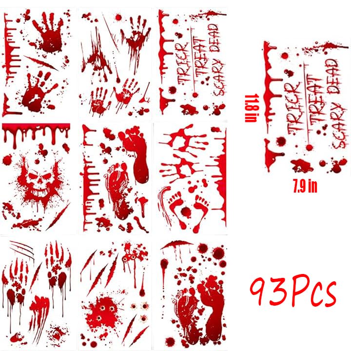 Halloween Decorations,9 Sheets Terror Bloody Handprint Footprint Window Stickers,Halloween Wall Decal Floor Clings with Tattoo Stickers,Scary Halloween Decorations,Halloween Stickers