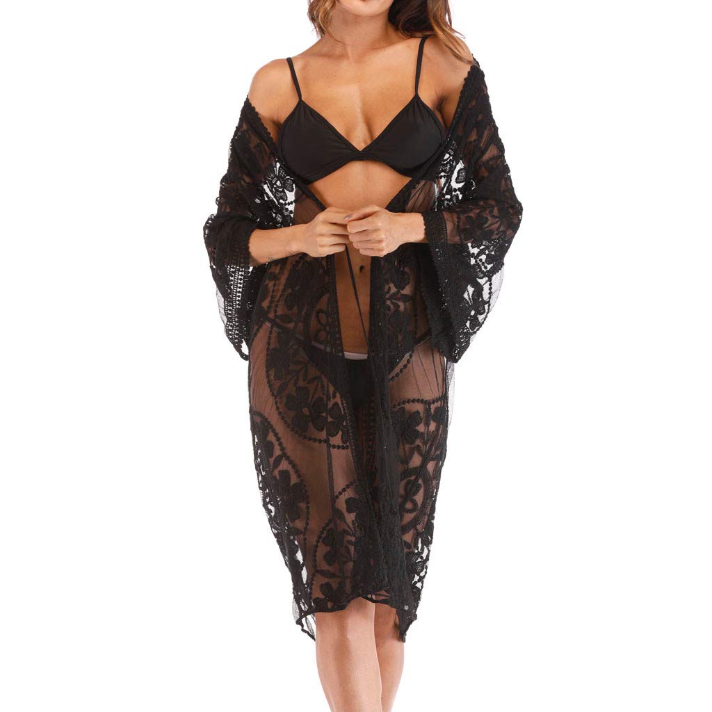 TDEOK Kimono para mujer, encaje negro, vestido de encaje transparente, vestido de playa, abrigo de playa, tallas grandes, chaqueta de playa, corto, vestido de playa, ligero, toalla de playa, poncho de