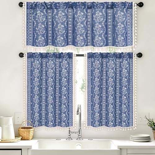 Image of Yinhua Boho Kitchen Curtains and Valances Set Vintage Linen Blue Cafe Curtains Light Filtering Rod Pocket Valance Farmhouse Rustic Tassel Tier and Valance, 52 inch W X 18 inch L+26 inch W x 36 inch L