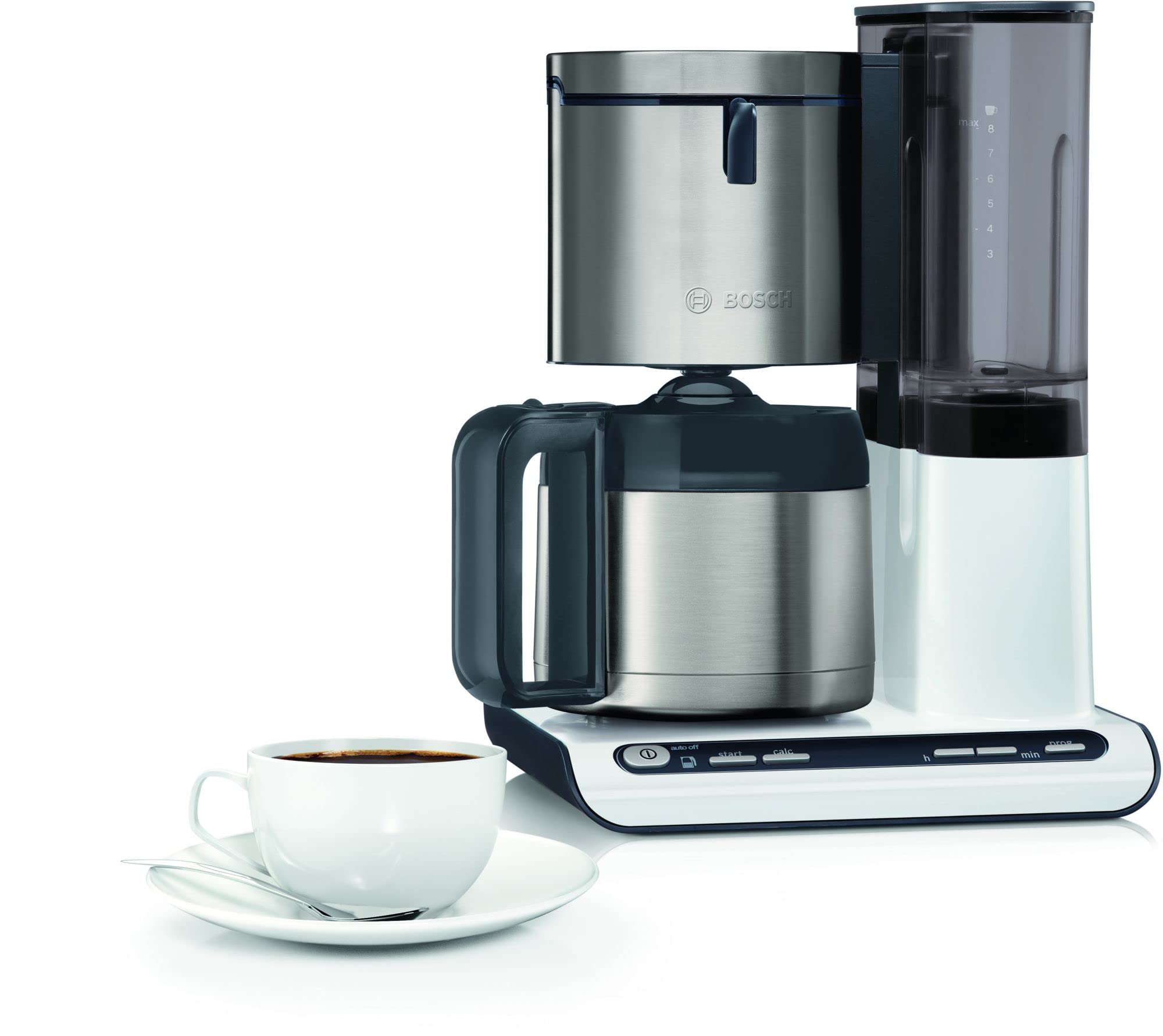 Bosch Filterkaffeemaschine Styline TKA8A681, Aroma Sensor, Edelstahl-Thermokanne 1,1 L, Für 8-12 Tassen, Abschaltautomatik, Entkalkungssystem, Tropfstopp, Abnehmbarer Wassertank (1 L), 1100 W, WeiÃŸ